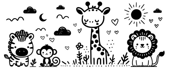 playful cartoon jungle animals and nature scene for kids in black vector © Luka