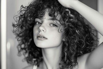 Naklejka premium Beautiful girl with curly hairstyle fixing hair. Black and white image with space for copy