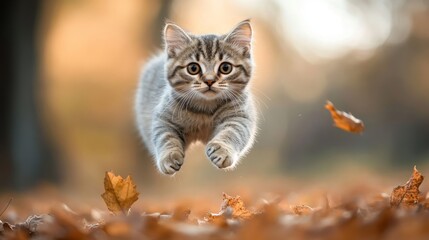 Fototapeta premium A playful tabby kitten leaps through the air, surrounded by autumn leaves, with a joyful expression.