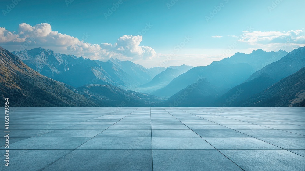 Wall mural empty square floor and mountain nature landscape under blue sky, a paving stone floor under a clear 