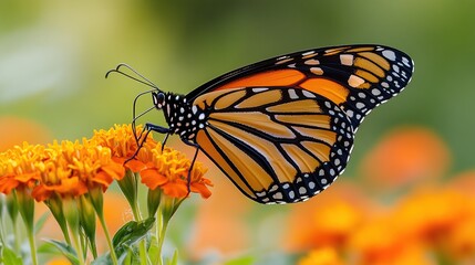 Obraz premium Monarch butterfly on vibrant orange flowers.