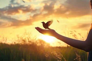 a person holding a small bird in their hand