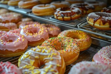 Variety of colorful glazed donuts arranged on cooling racks, tempting and ready to eat