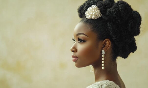 A woman with a pearl headpiece and earrings