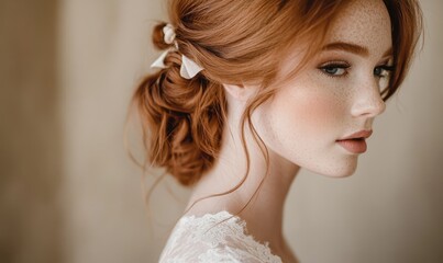 A woman with red hair and a white lace dress