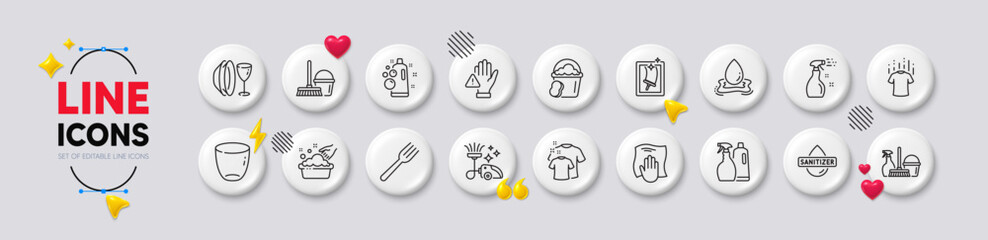 Dish plate, Cleaning spray and Clean bubbles line icons. White buttons 3d icons. Pack of Sponge, Fork, Window cleaning icon. Hand sanitizer, Hand washing, Water splash pictogram. Vector