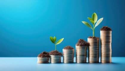 Growth concept with coins and plant on blue background.