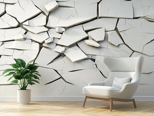 In this mock up, a white cracked stucco paneling wall with copy space is displayed coupled with a minimalist armchair in a modern living room design.