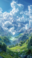 Obraz premium Majestic Mountain Valley Landscape Illustration