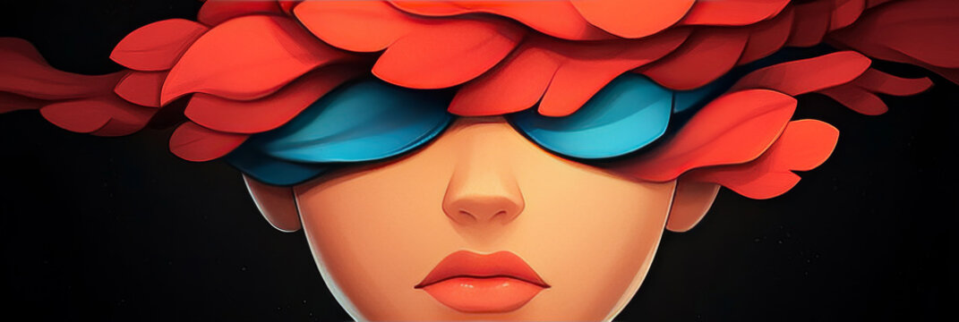 A close-up of a woman's face with red petals covering her head and blue sunglasses over her eyes.