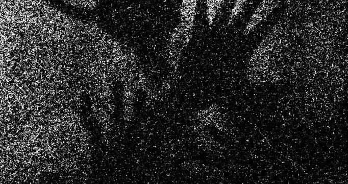 Silhouette of a men's hands touching glass and static tv noise, scary movie tv screen noise