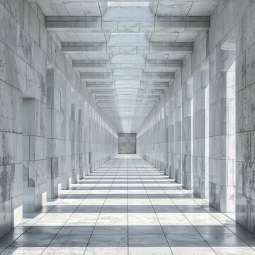 Futuristic empty corridor interior with bright light at the end