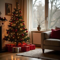 Festive Christmas dinner on a decorated table. New Year's table with food, candles, glasses and decor against the background of a window.