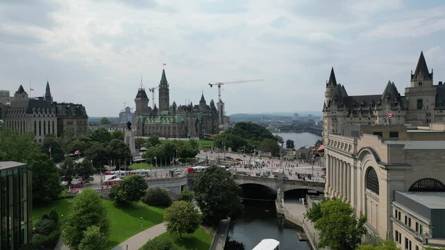 High-resolution aerial view of downtown Ottawa with Parliament of Canada and the Rideau Canal