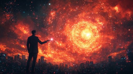 A figure stands in a suit, hand extended to hold a blazing orb of energy, representing human potential and dominance over universal forces in an urban setting.