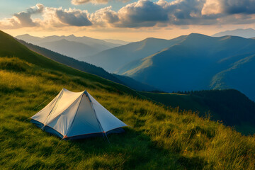 A small tent pitched on a grassy hillside, overlooking a breathtaking view of mountain peaks, with the golden light of sunset casting long shadows