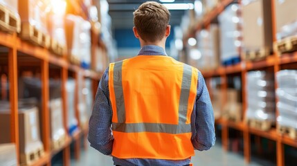 Fototapeta premium A worker in a high-visibility vest faces a warehouse aisle filled with stacked boxes and shelves, indicative of logistics and inventory management.