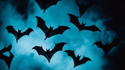 Fototapeta premium Minimalist Night Scene with Bat Silhouettes Against Neon Blue Background, Creative Composition for Music or Nightlife Promotions Generative AI