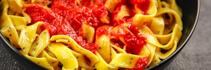 Pasta tagliatelle tomato sauce second course tasty food dish fresh delicious gourmet food background on the table rustic food top view copy space