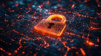 A bright, glowing lock in red-orange hues stands out on a digital background, conveying the importance of online security and encryption in a vibrant style.