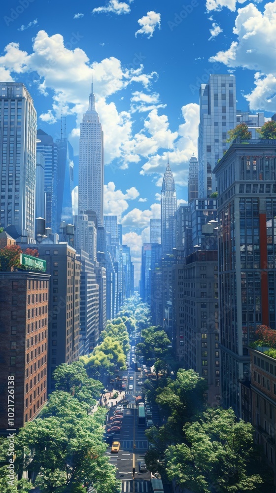 Poster Cityscape of New York with Lush Trees