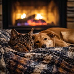 cats or dogs next to the fireplace