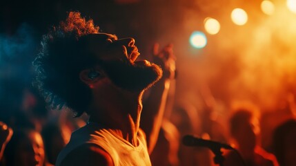 Musician in Exhilaration on Stage with Roaring Crowd, Live Performance Concept Generative AI