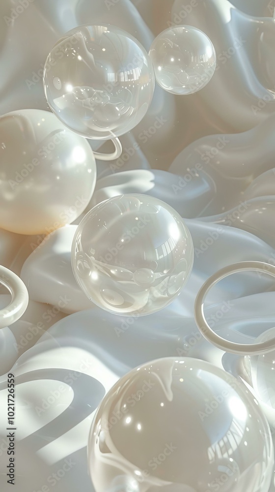 Wall mural 3D rendering of a group of translucent spheres and rings in a surreal space