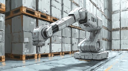A robotic arm in a spacious warehouse efficiently arranges packages, demonstrating the integration of advanced technology, logistics, and modern warehousing solutions.