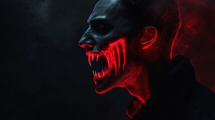 Vampire Fangs Close-Up with Neon Red Glow, Dark Shadows, Ideal for Horror or Halloween Themes Generative AI