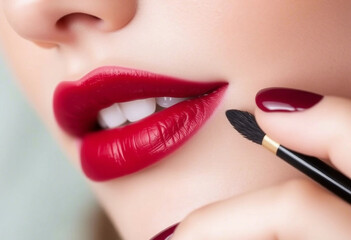 A detailed close-up image capturing a woman's lips adorned with vibrant red lipstick, highlighting elegance, beauty, and femininity. The smooth texture emphasizes attention to makeup and glamour.

