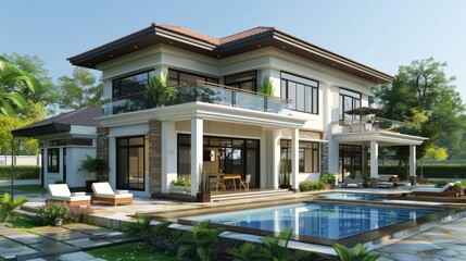 Fototapeta premium Luxury Villa with Swimming Pool Exterior Design