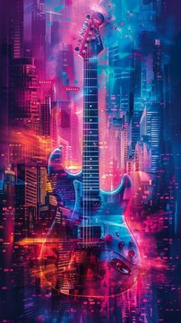 An electric guitar with a cityscape in the background