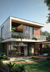Fototapeta premium Modern Concrete House with Lush Garden Design
