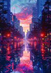 Neon Cityscape Reflection at Dusk