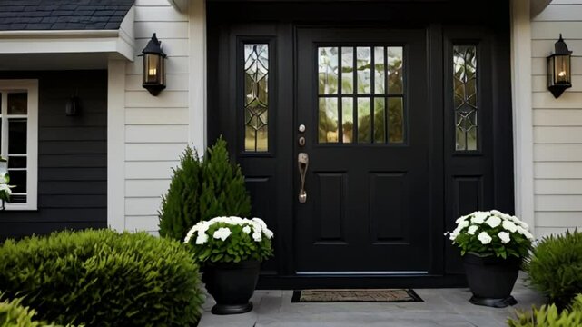 home's curb appeal with a sleek, modern black front door and contrasting white trim. Be Specific Provide detailed information or context in your prompts to make them distinct from each other.