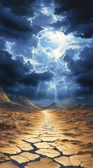 A vast, cracked desert under an ominous sky, symbolizing the global dystopian future of climate change and environmental decay