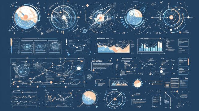A complex, abstract image depicting futuristic data visualization, featuring various graphs, charts, and schematics, representing analytics and modern trends.