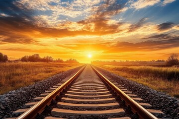 Captivating View of Curving Railroad Tracks at Sunset