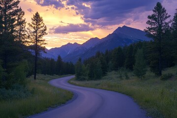 Winding Road Under a Beautiful Sunset in Nature