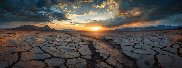 A vast, cracked desert under an ominous sky, symbolizing the global dystopian future of climate change and environmental decay
