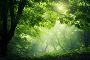Fototapeta premium Magical morning light filters through a lush green woodland, illuminating a tranquil forest path