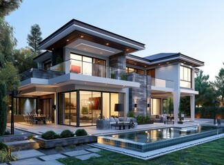Fototapeta premium Modern Mansion with Outdoor Pool and Garden