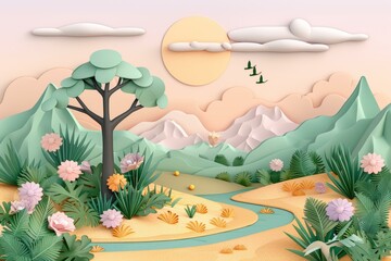 A beautiful 3D landscape with a river, mountains, trees, and flowers