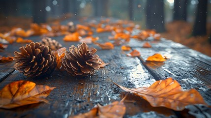 Rustic Table with Pinecones and Dried Leaves