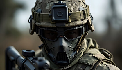 Fototapeta premium Closeup portrait of a military soldier ready for intense action and combat