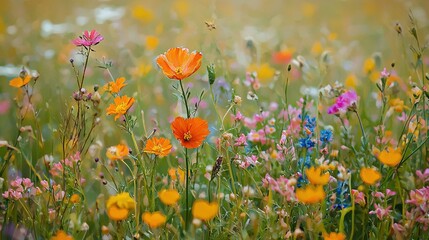   A field of diverse wildflowers with a buzzing bee perched atop them
