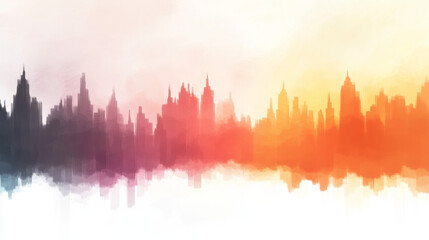 Fototapeta premium A watercolor illustration of a city skyline with a vibrant orange and red color scheme.
