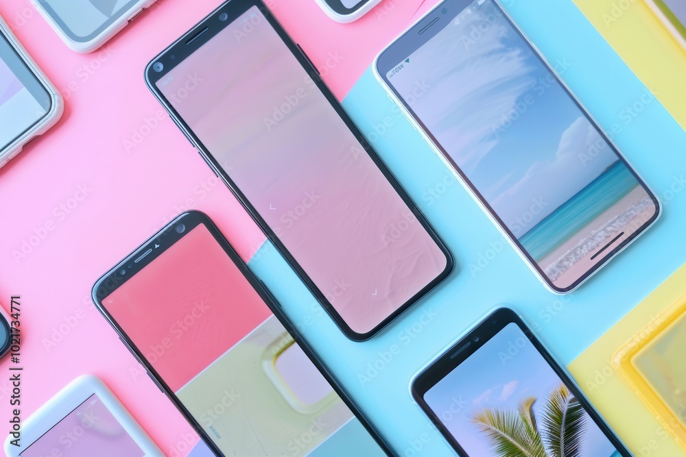 Poster multiple smartphones showcase engaging stories and short videos on vibrant backgrounds, capturing at