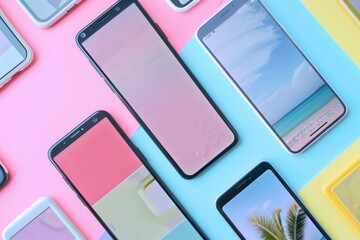 Multiple smartphones showcase engaging stories and short videos on vibrant backgrounds, capturing attention in a contemporary setting. Generative AI